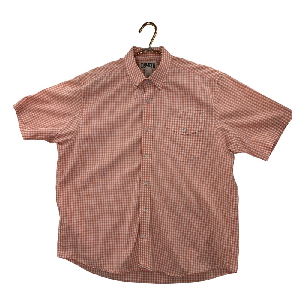 Duluth Trading Co Mens XL Short Sleeve Button Up Shirt Orange White Plaid Casual